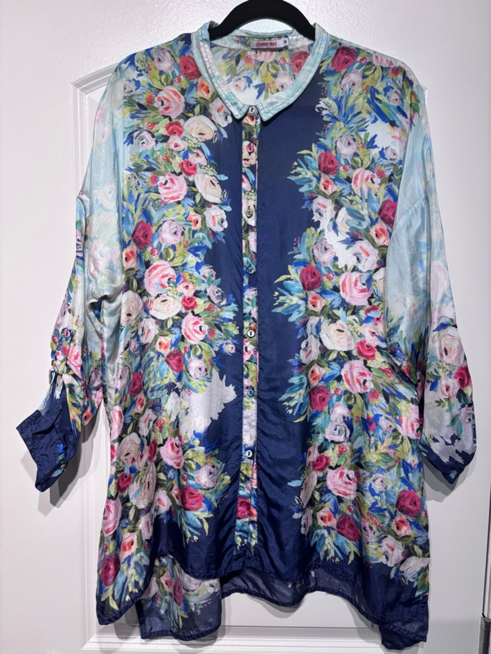 Johnny Was Silk Floral Button Front Top in Blue, Pink, Green